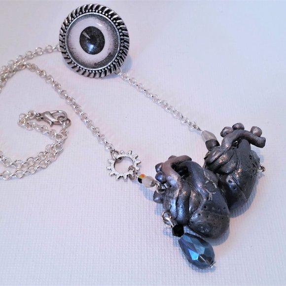 HANDMADE Siamese robot anatomical hearts necklace silver - Picture 9 of 11